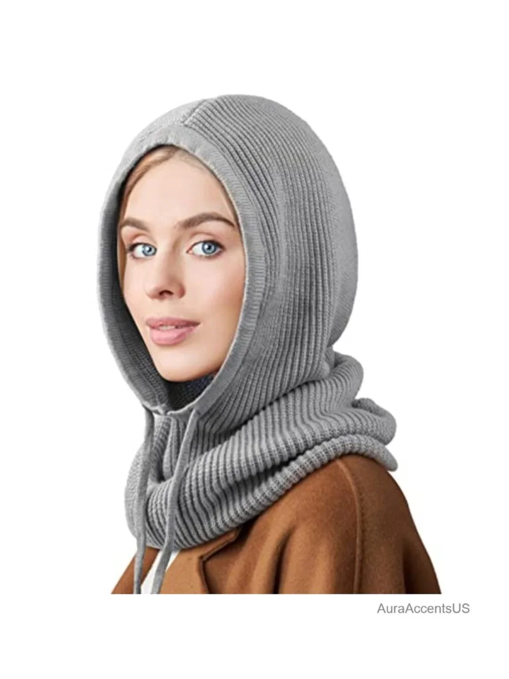 Wool Acrylic Hooded Scarf Hat Balaclava Knit Beanie with Drawstring Unisex
